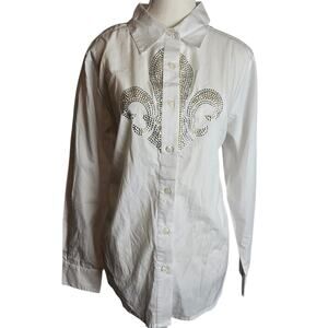 Quacker Factory QVC Womens Medium White Button Fleur De Lis Rhinestone Y2K Glam